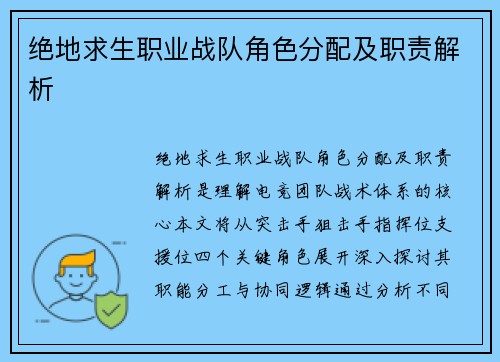绝地求生职业战队角色分配及职责解析
