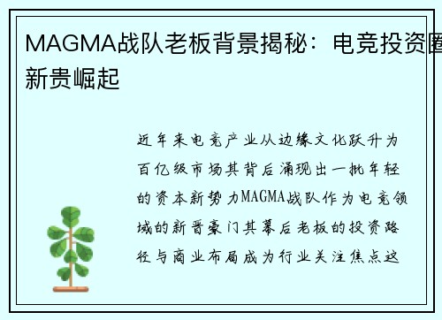 MAGMA战队老板背景揭秘：电竞投资圈新贵崛起