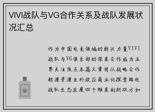 VIVI战队与VG合作关系及战队发展状况汇总